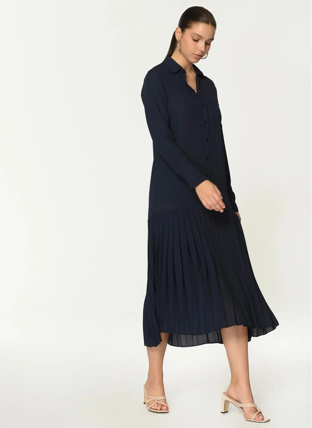 13533 Navy Blue Pleated Chiffon Dress