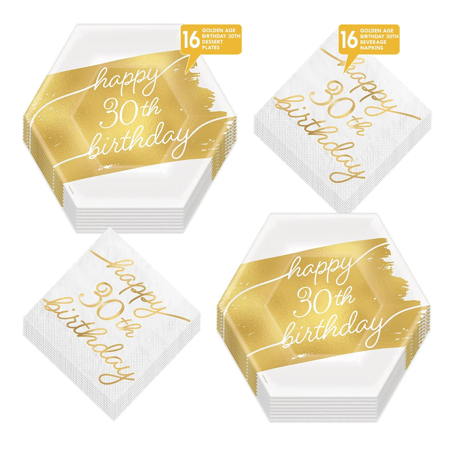 30th Birthday Party Milestone Metallic Golden Age Hexago Plates and Napkins (Serves 16)