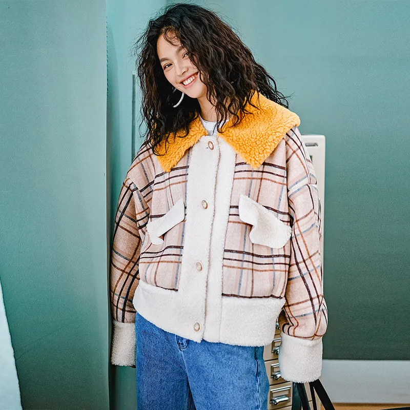 8GIRLS DESIGN CONTRAST BORG DETAIL CHECK COAT