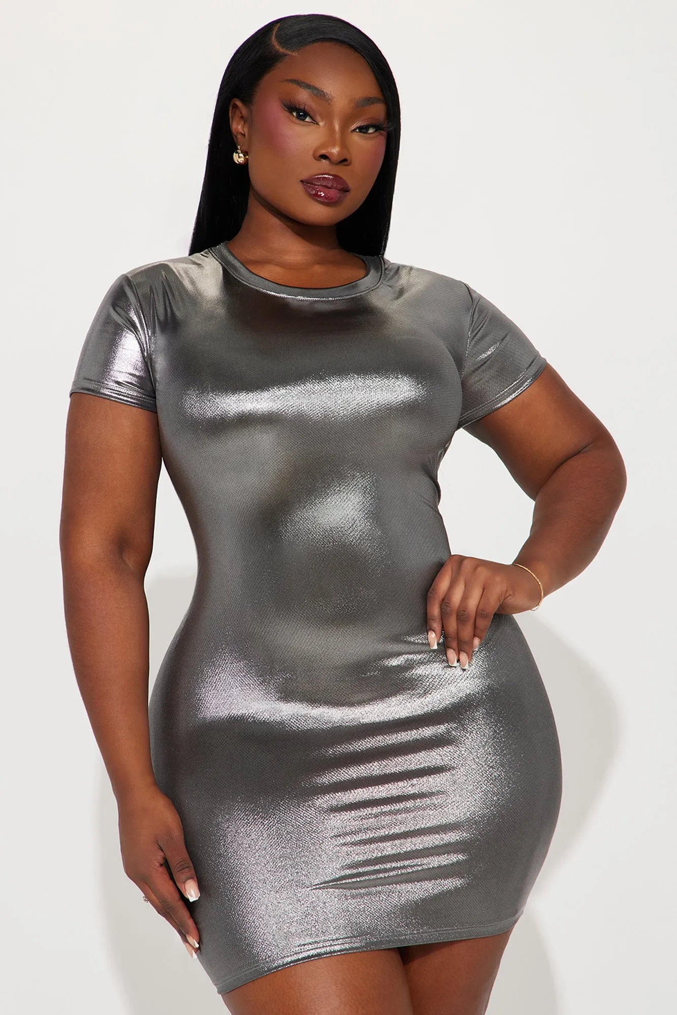 Amaya Metallic T-Shirt Mini Dress - Silver