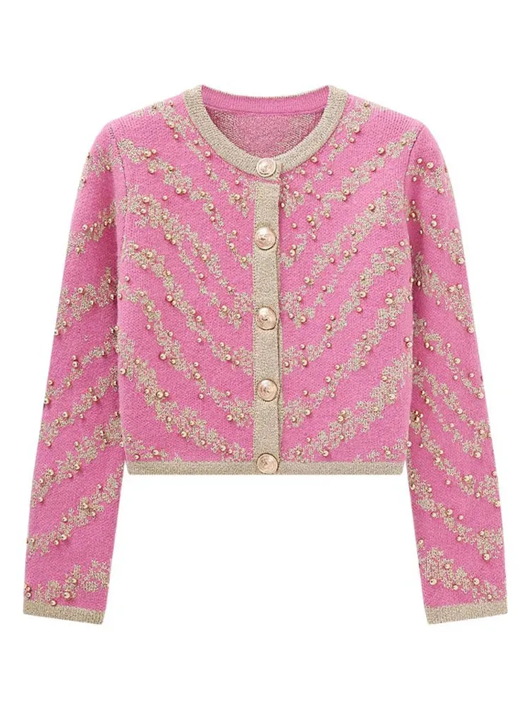 Autumn Winter 2023 Sweater Cardigans Women Single Breasted Luxury Beading Striped Casual Knitwear Traf Tops Mujer New In C-187