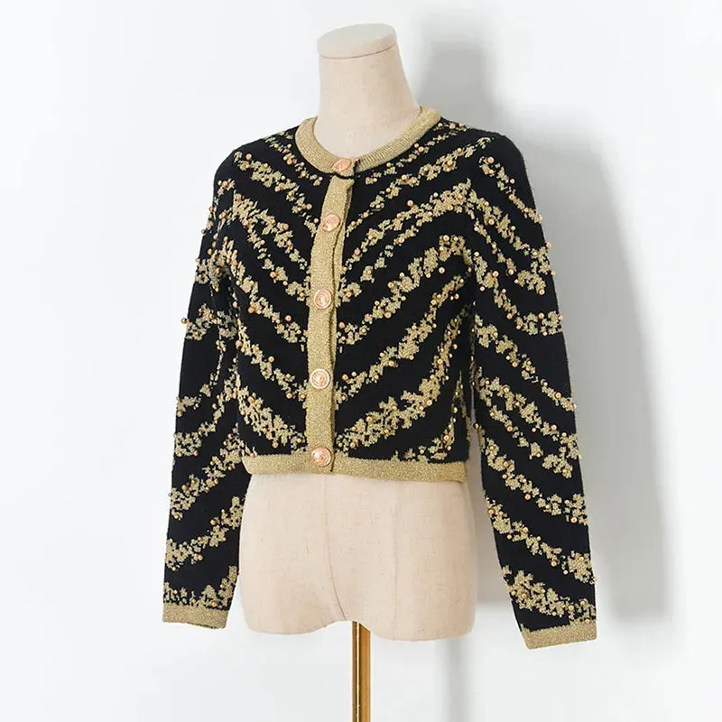 Autumn Winter 2023 Sweater Cardigans Women Single Breasted Luxury Beading Striped Casual Knitwear Traf Tops Mujer New In C-187