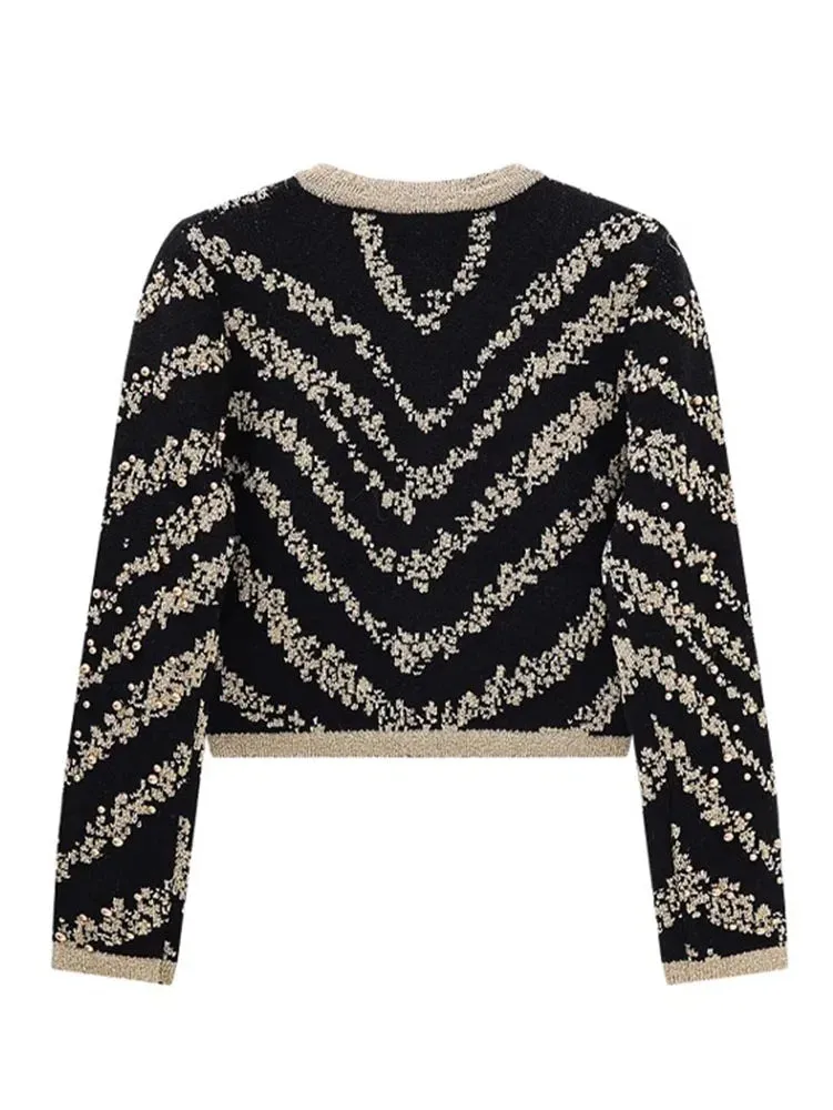 Autumn Winter 2023 Sweater Cardigans Women Single Breasted Luxury Beading Striped Casual Knitwear Traf Tops Mujer New In C-187