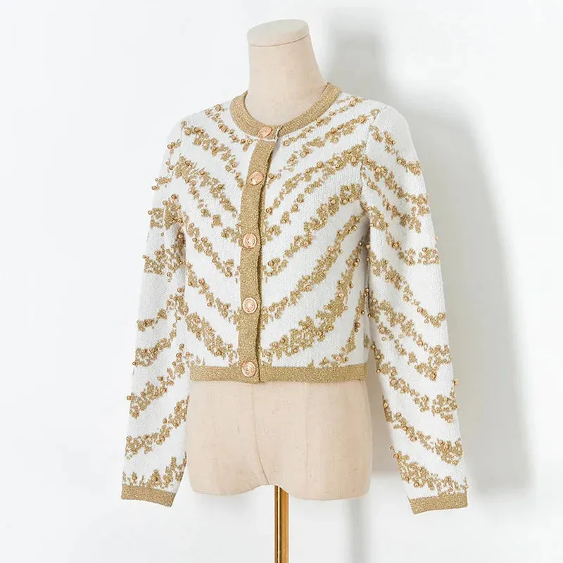 Autumn Winter 2023 Sweater Cardigans Women Single Breasted Luxury Beading Striped Casual Knitwear Traf Tops Mujer New In C-187