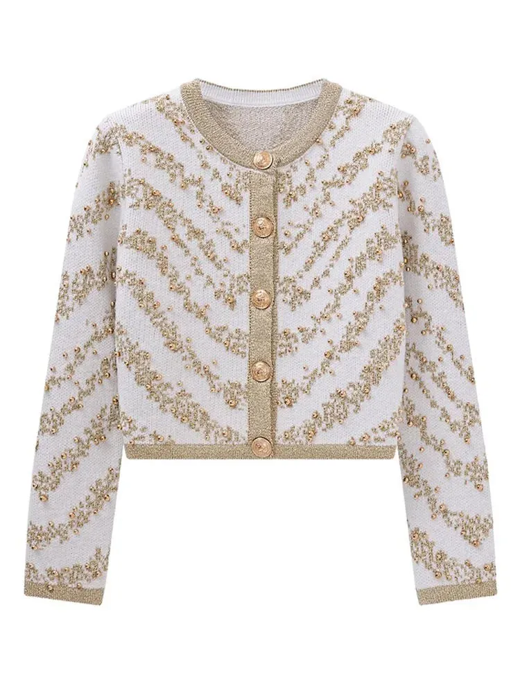 Autumn Winter 2023 Sweater Cardigans Women Single Breasted Luxury Beading Striped Casual Knitwear Traf Tops Mujer New In C-187