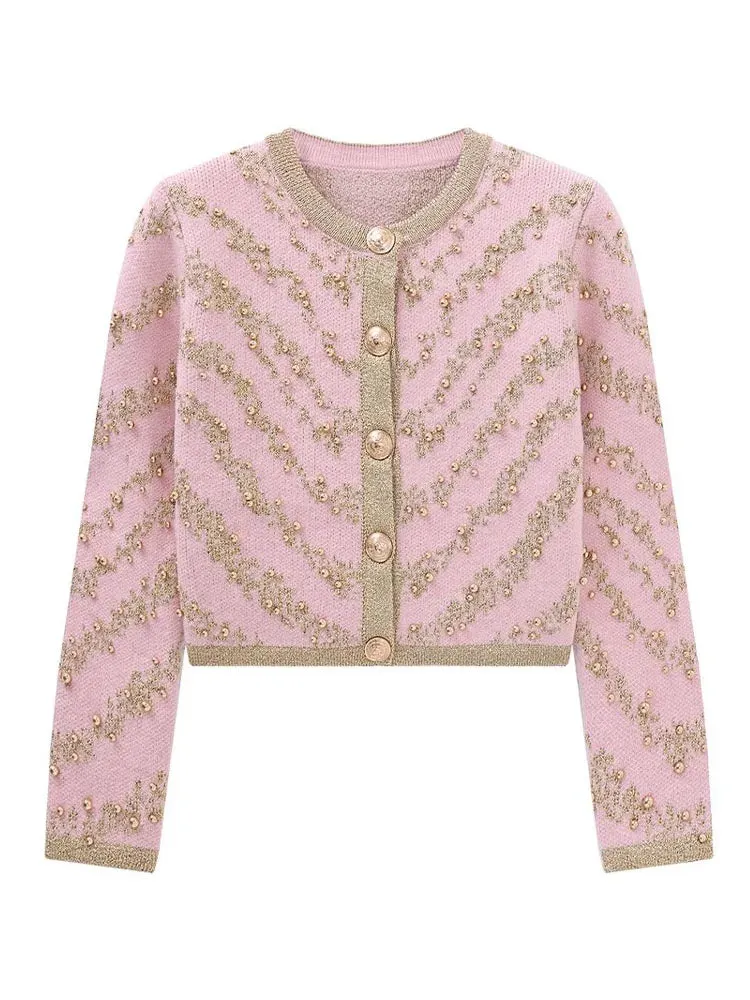 Autumn Winter 2023 Sweater Cardigans Women Single Breasted Luxury Beading Striped Casual Knitwear Traf Tops Mujer New In C-187