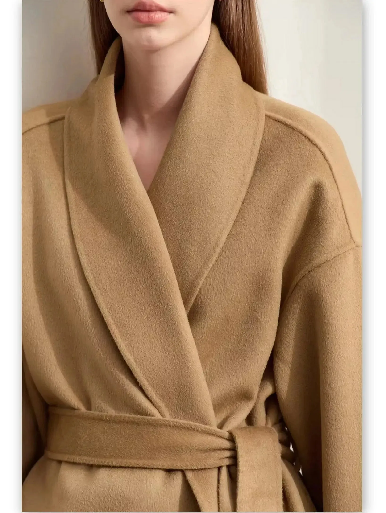 Belted Wrap Wool Coat with Detachable Fox Fur Cuffs in Camel