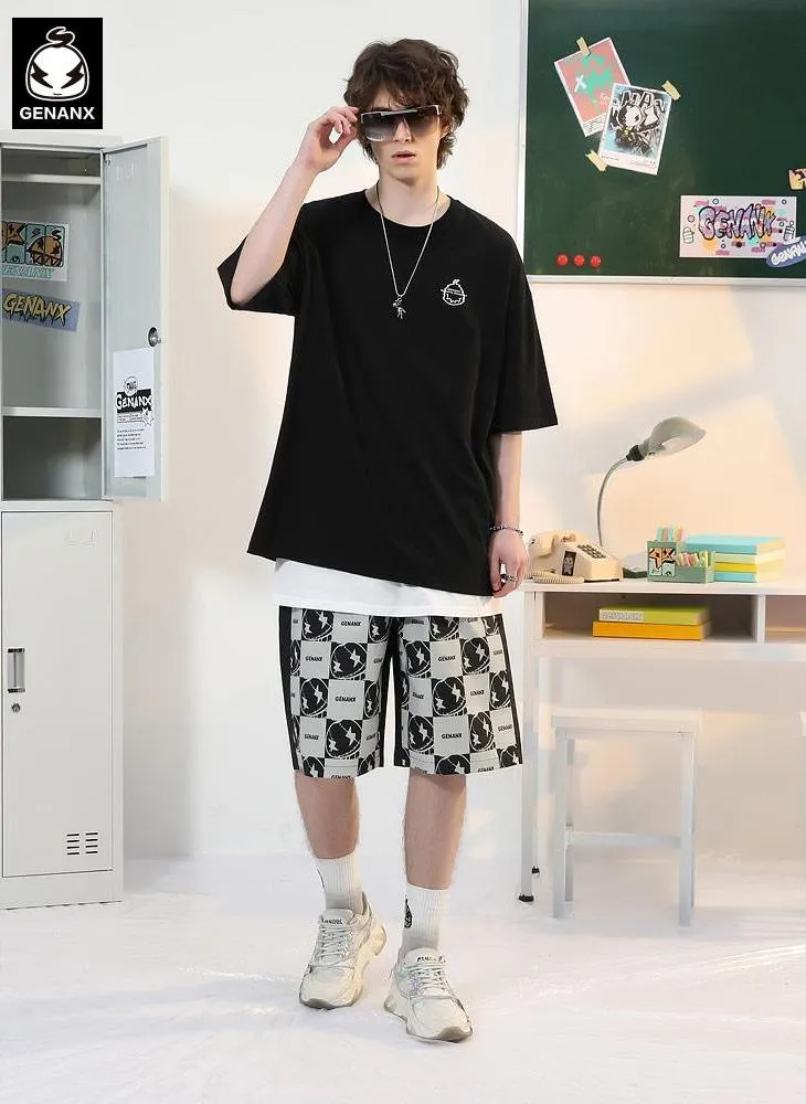 Black Checkerboard Cartoon Print Loose Shorts
