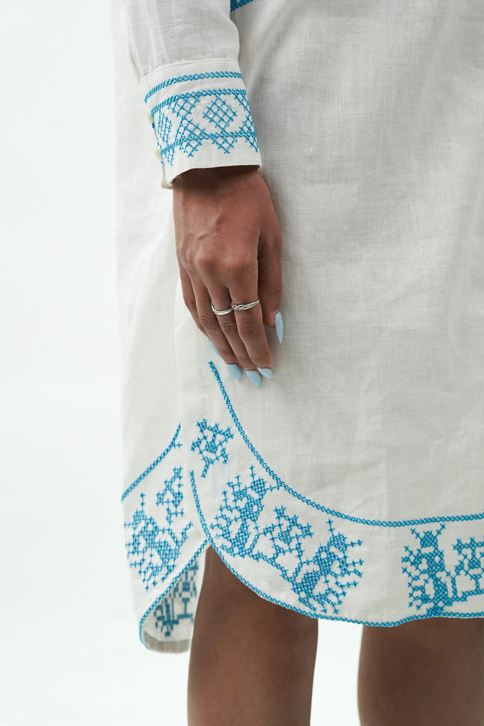 Blue Sindhi Thread Work Cotton Linen Dress