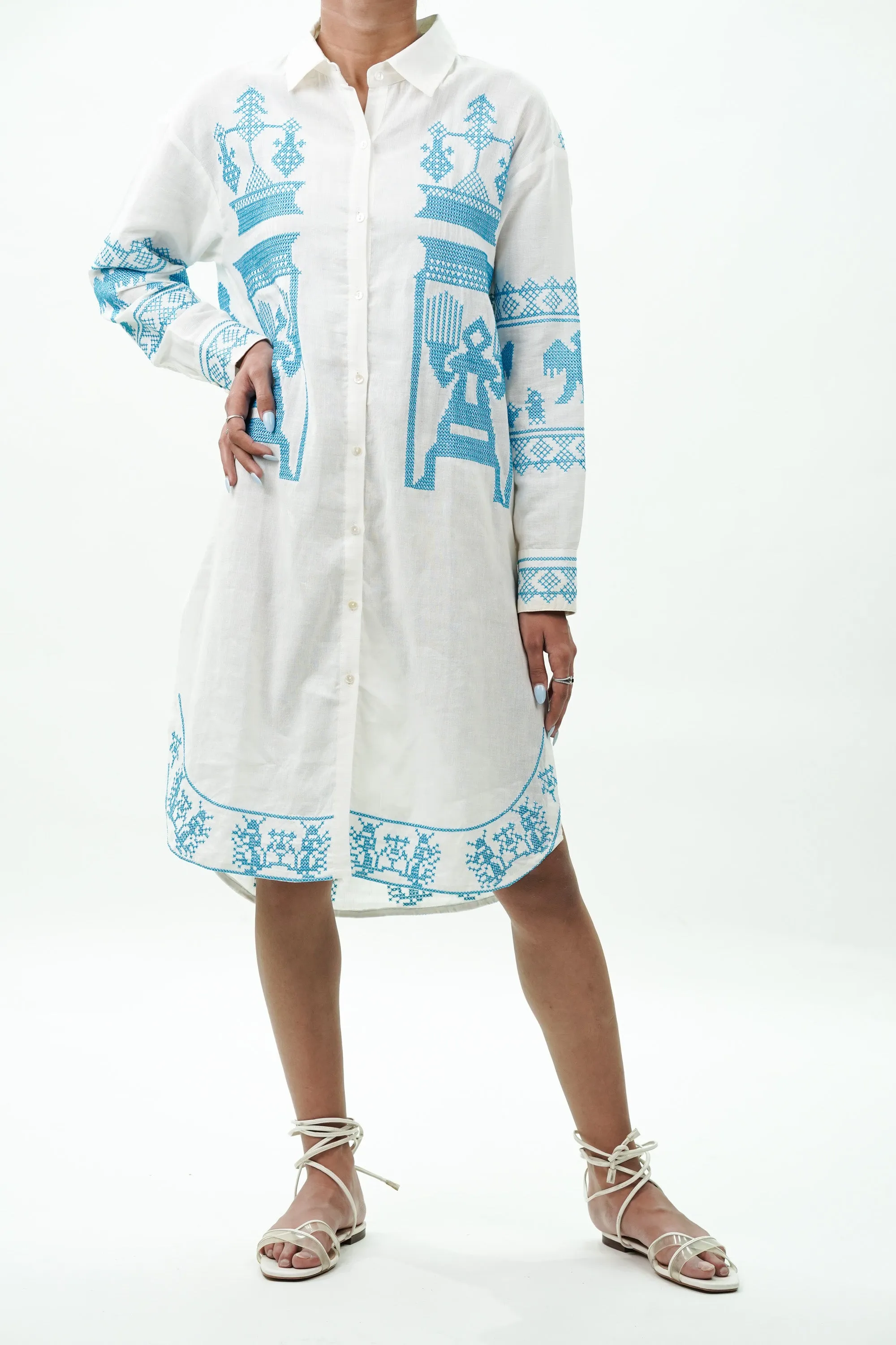 Blue Sindhi Thread Work Cotton Linen Dress