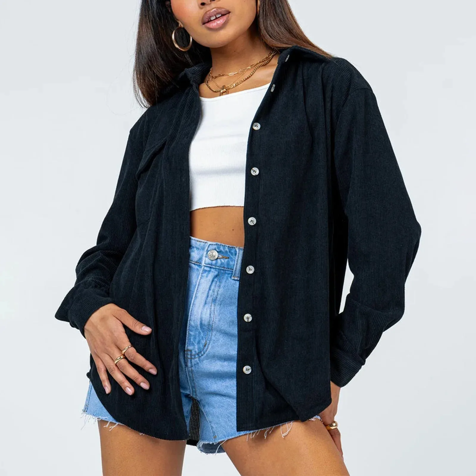 Button Down Long Sleeve Solid Color Turn-Down Collar Loose Fit Y2k Trend Streetwear Casual Blouse