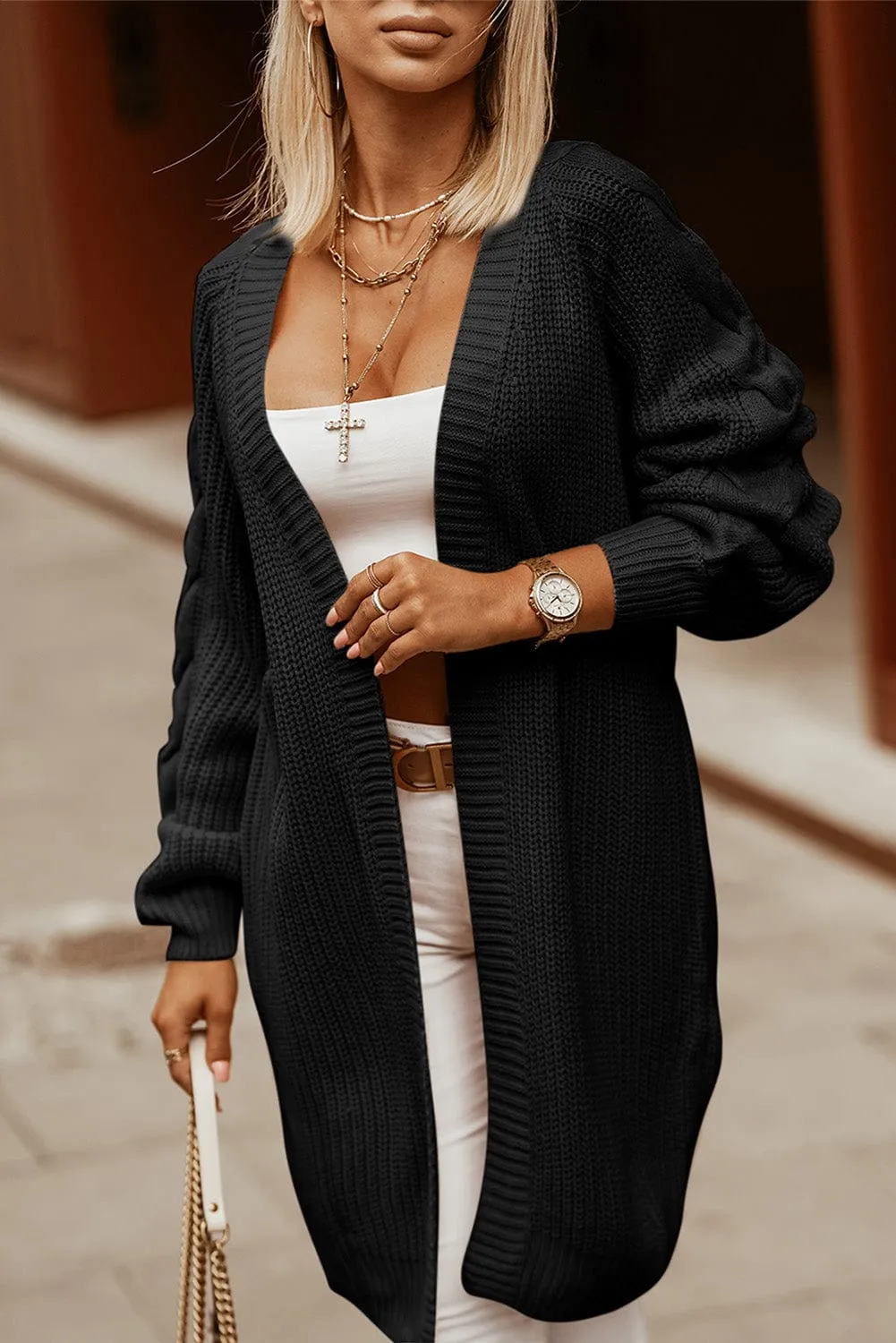 Cable Knit Long Cardigan with Pockets