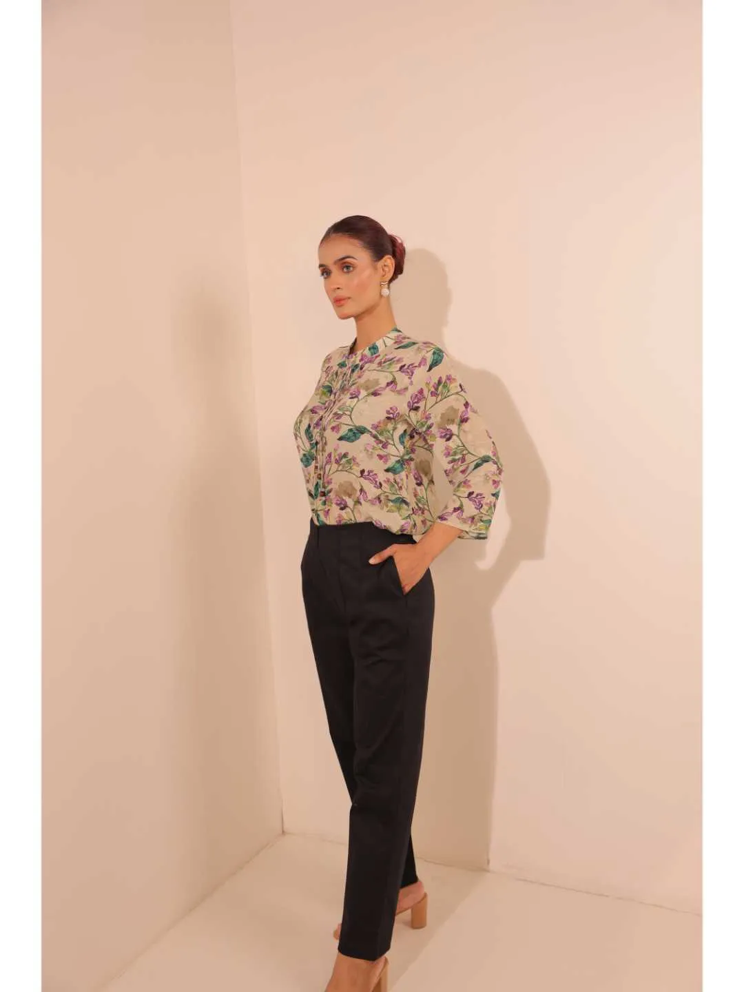 cheerful  natural crepe floral printed mandarin collar string, A-Line hand embellished top with three-forth sleeve - Multi