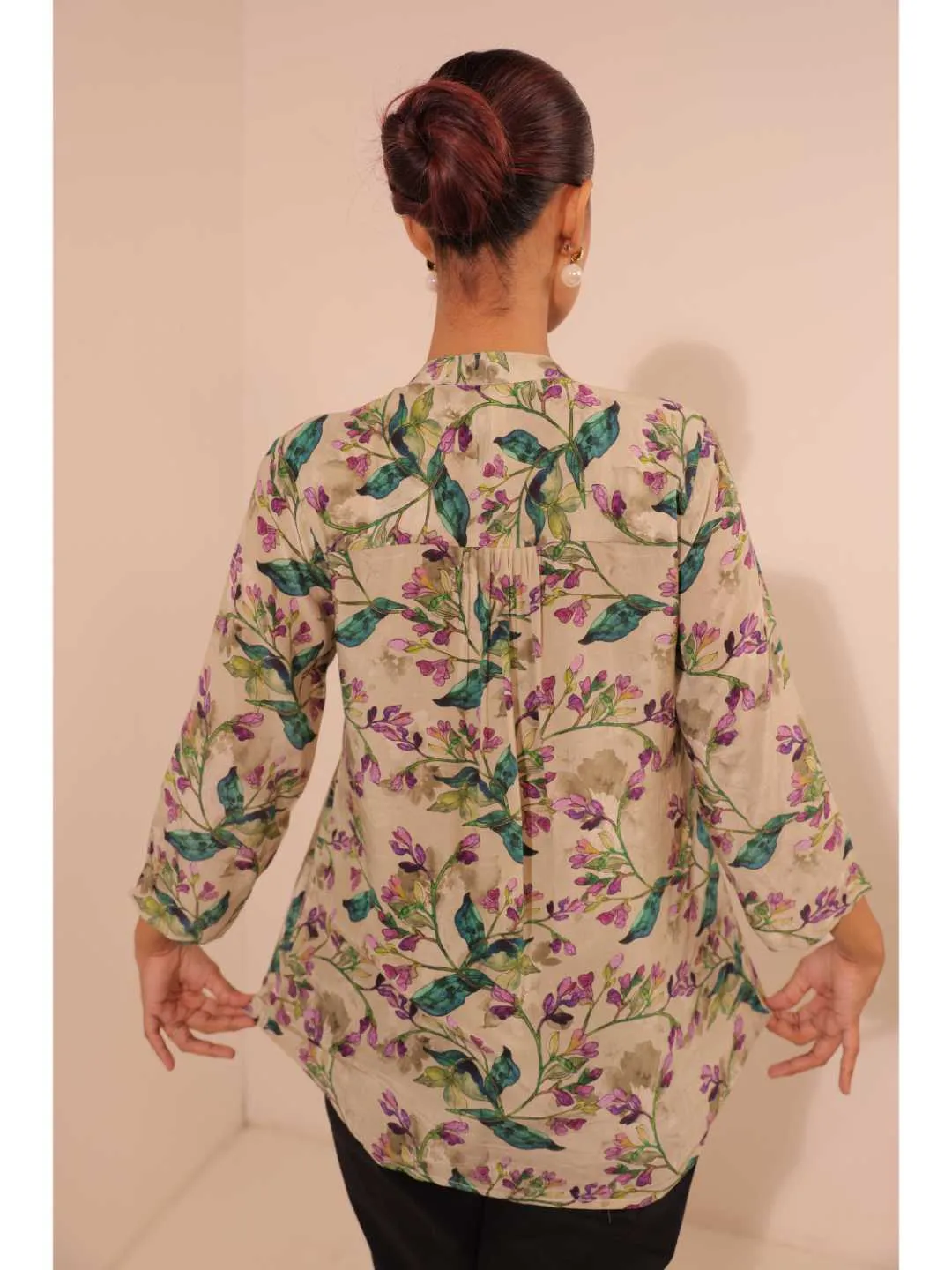 cheerful  natural crepe floral printed mandarin collar string, A-Line hand embellished top with three-forth sleeve - Multi