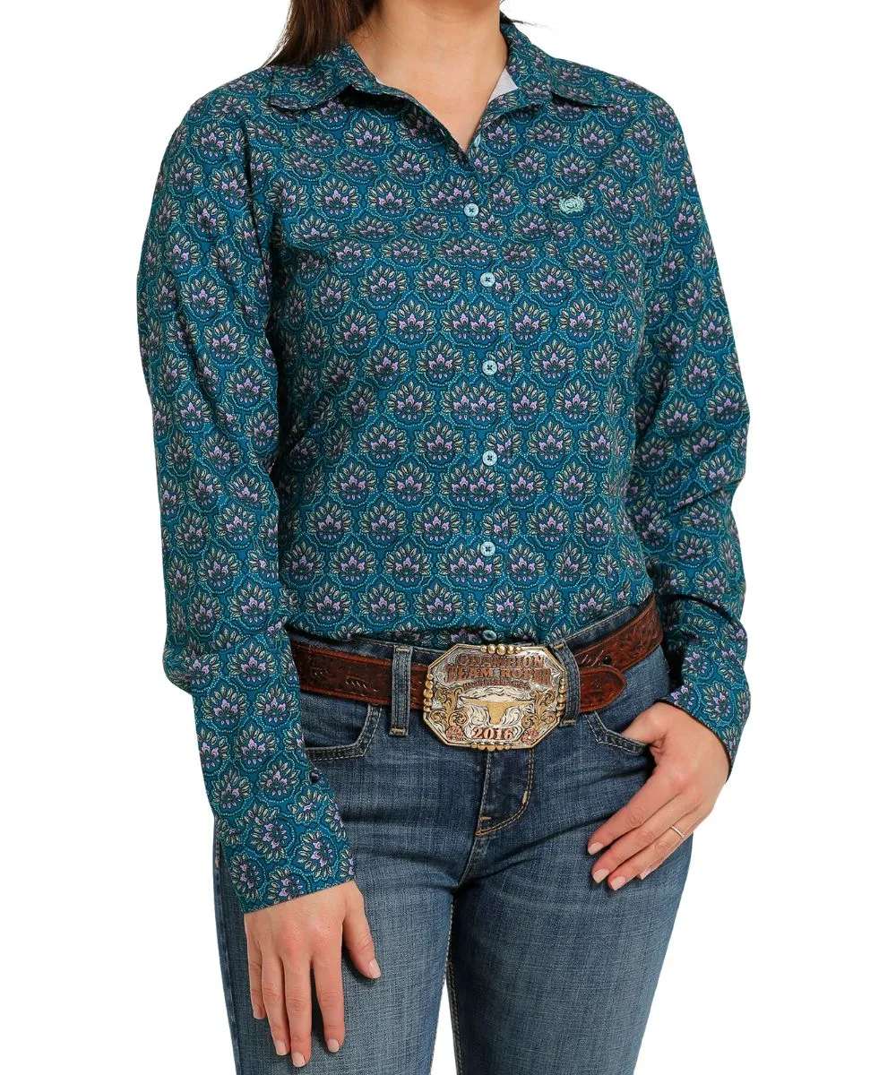 Cinch Women's Long Sleeve Button Down - Teal Floral Print