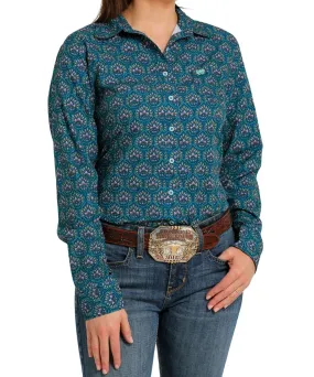 Cinch Women's Long Sleeve Button Down - Teal Floral Print