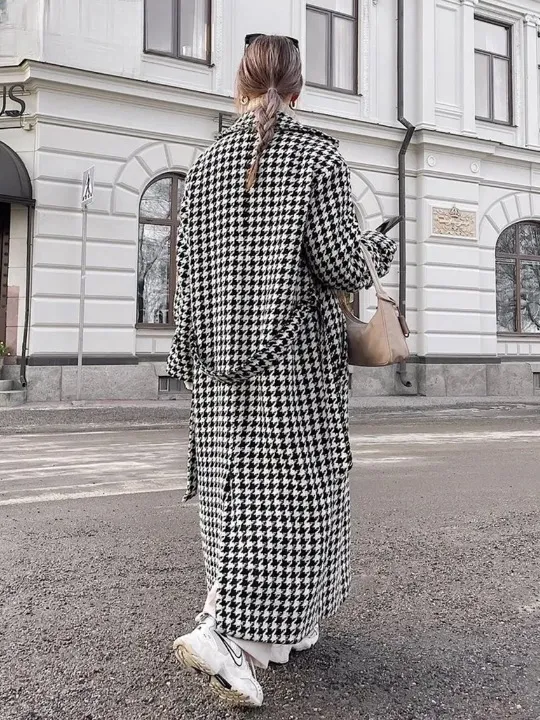 Clara Houndstooth Woolen Maxi Trench Coat