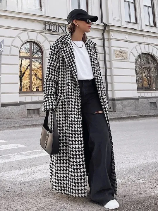 Clara Houndstooth Woolen Maxi Trench Coat