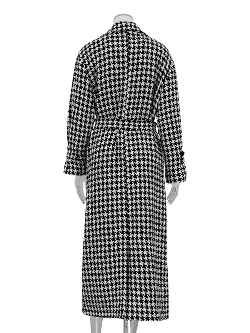 Clara Houndstooth Woolen Maxi Trench Coat