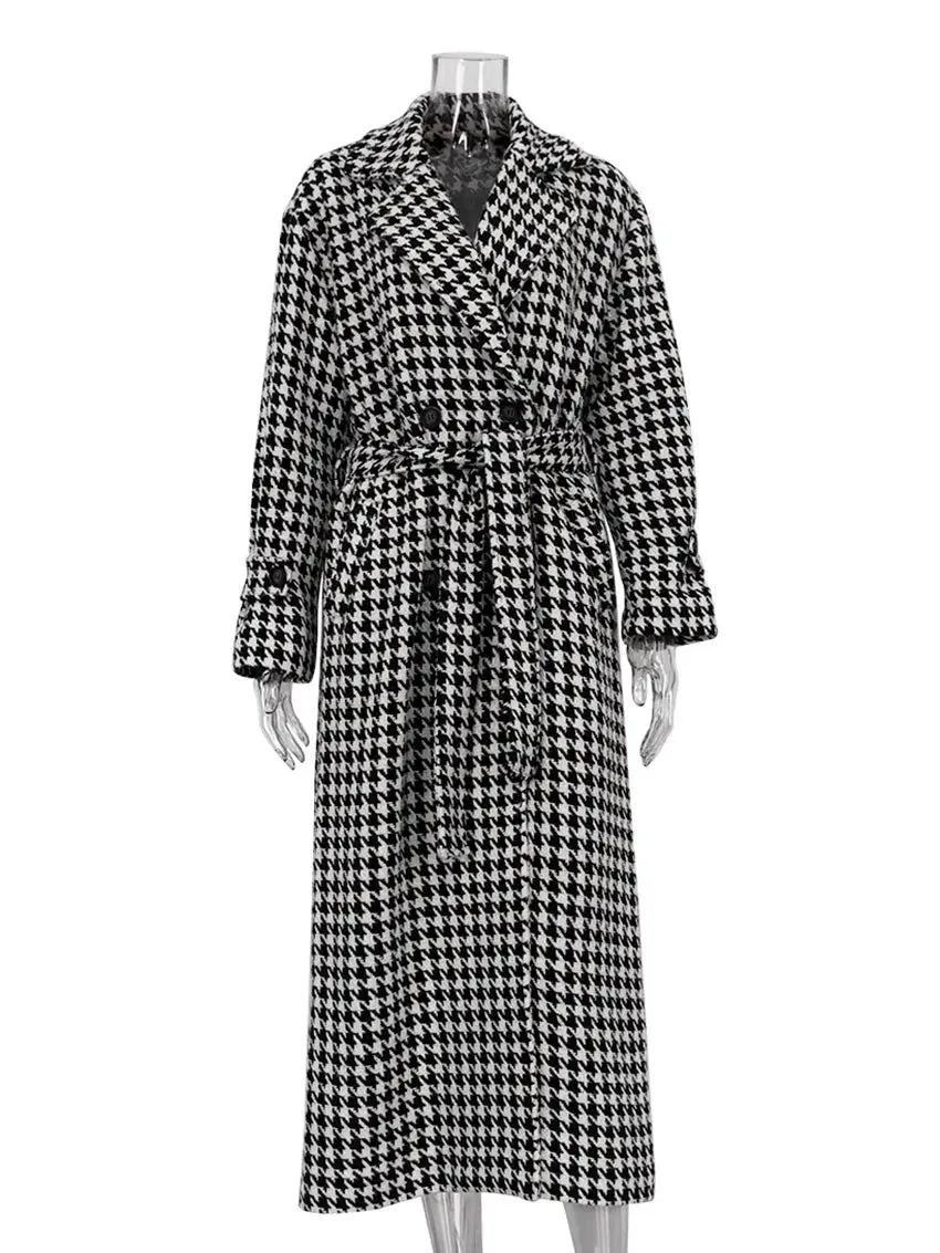 Clara Houndstooth Woolen Maxi Trench Coat
