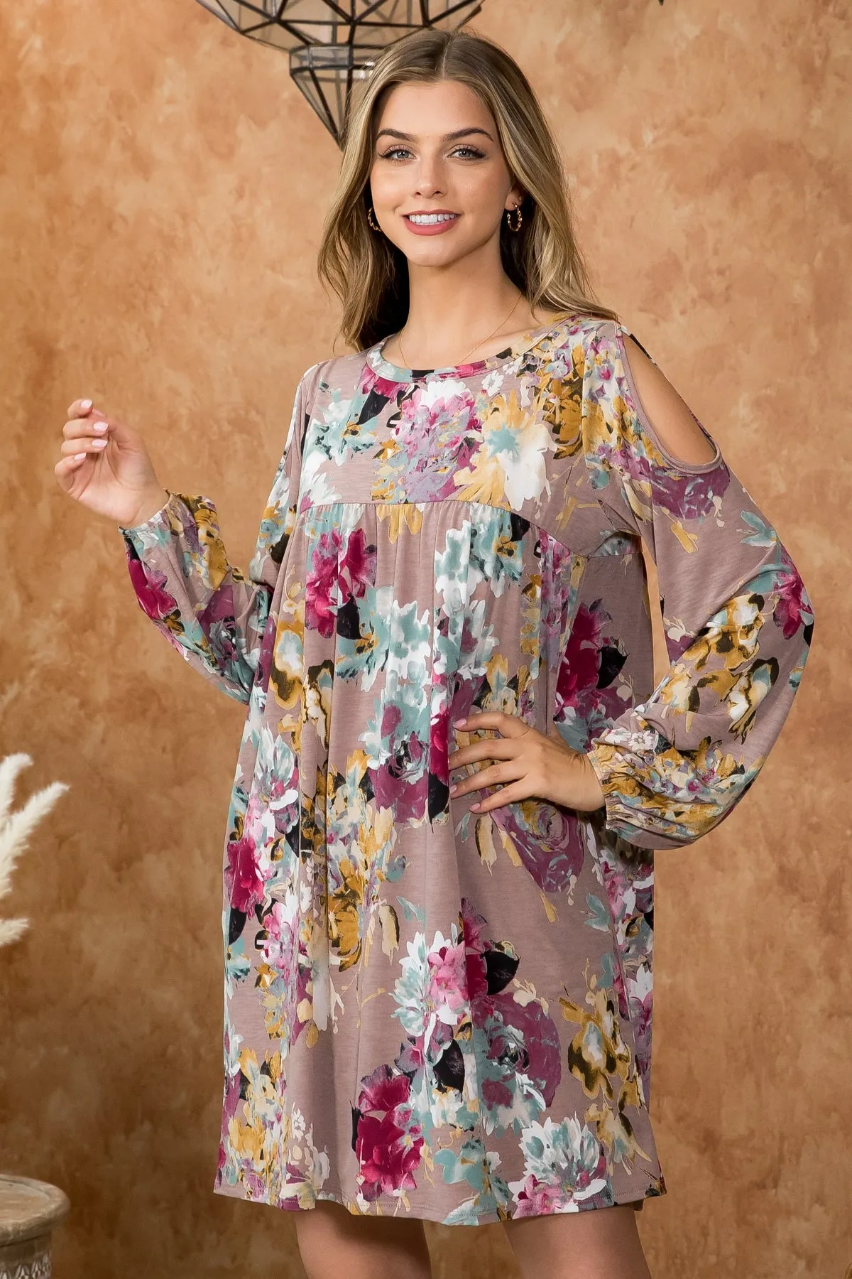 COLD SHOULDER LONG SLEEVE SHIRRING DETAIL DRESS