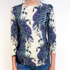 Cream Purple Paisley Cashmere Crew Neck Jumper Extra Small