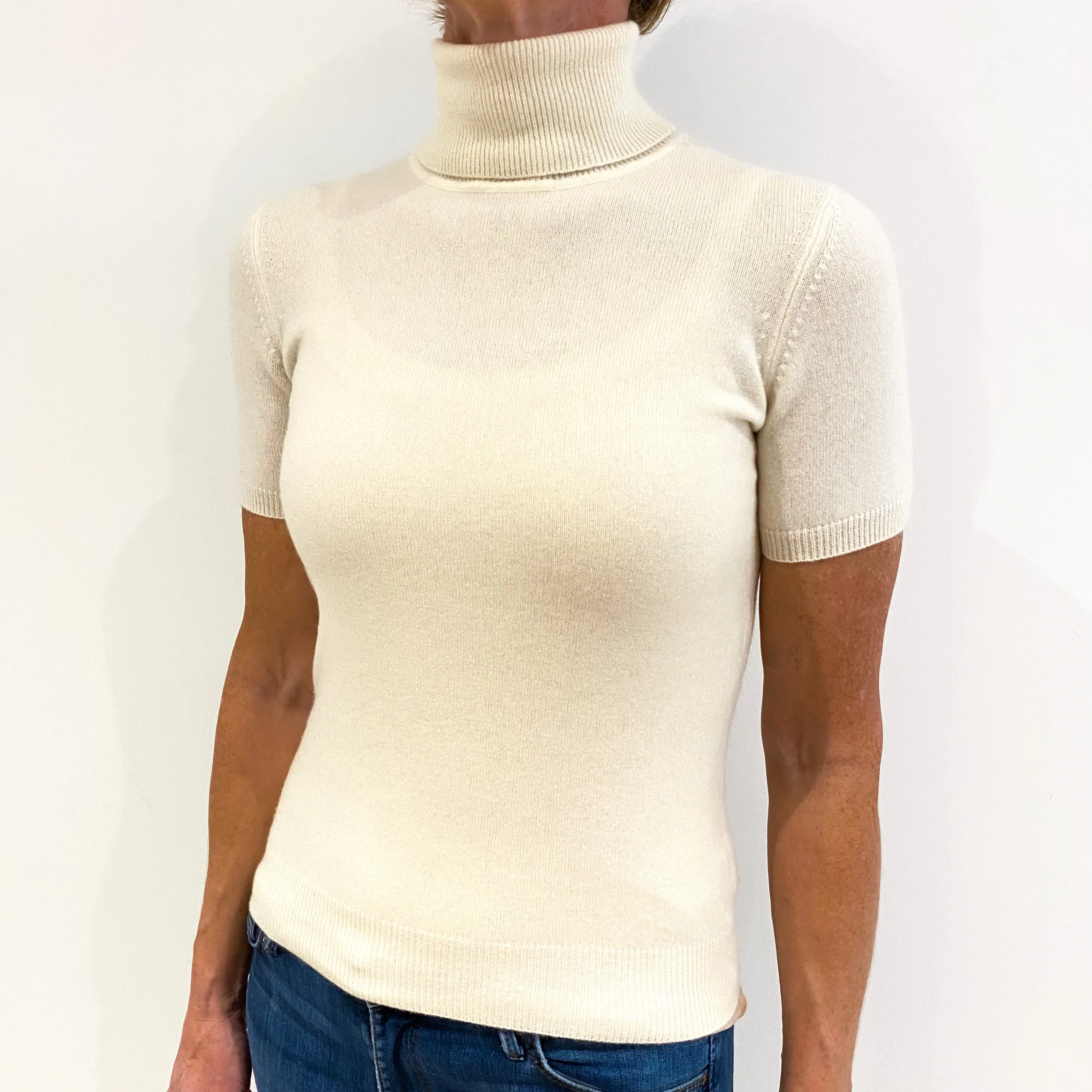 Cream Short Sleeved Cashmere Polo Neck Jumper Small
