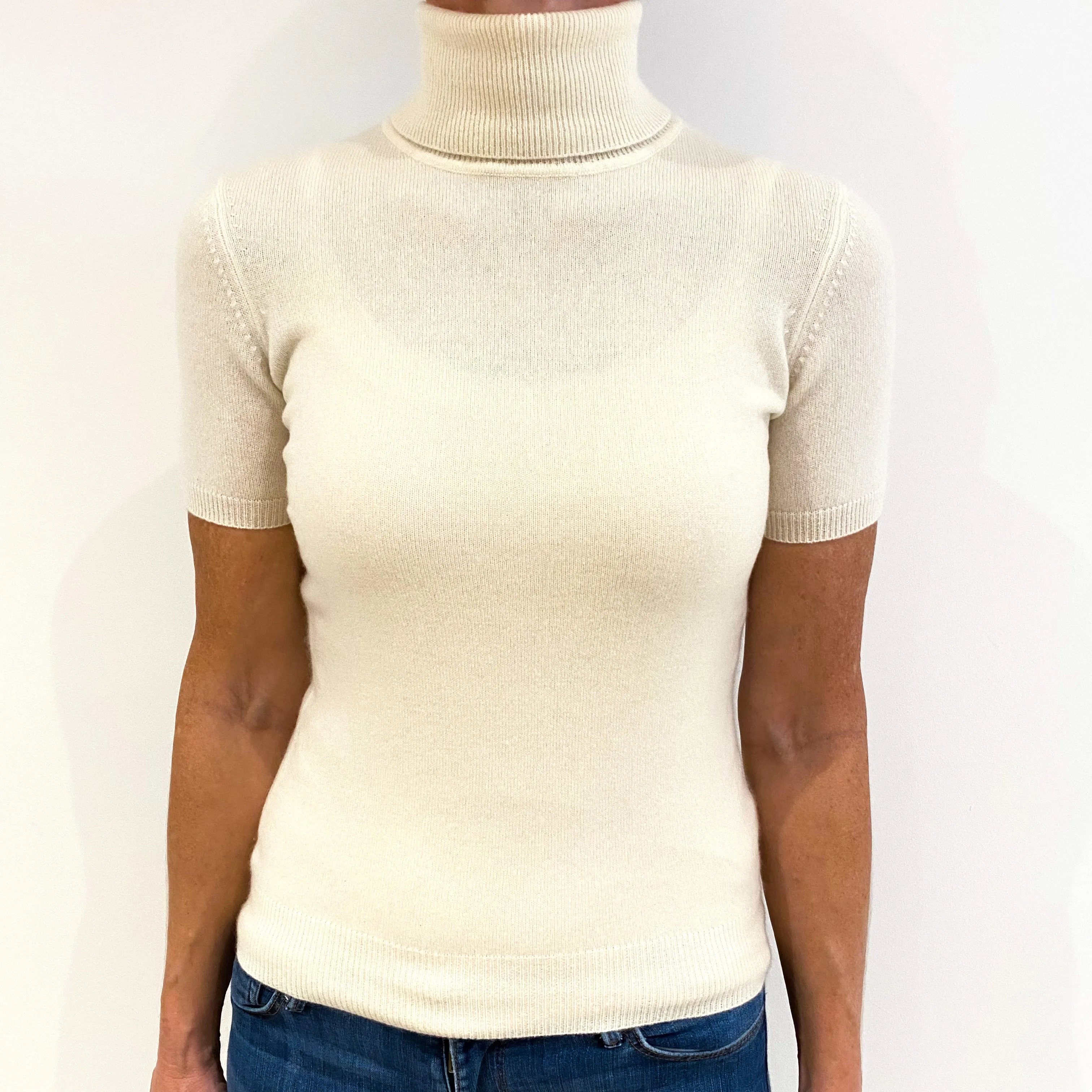 Cream Short Sleeved Cashmere Polo Neck Jumper Small
