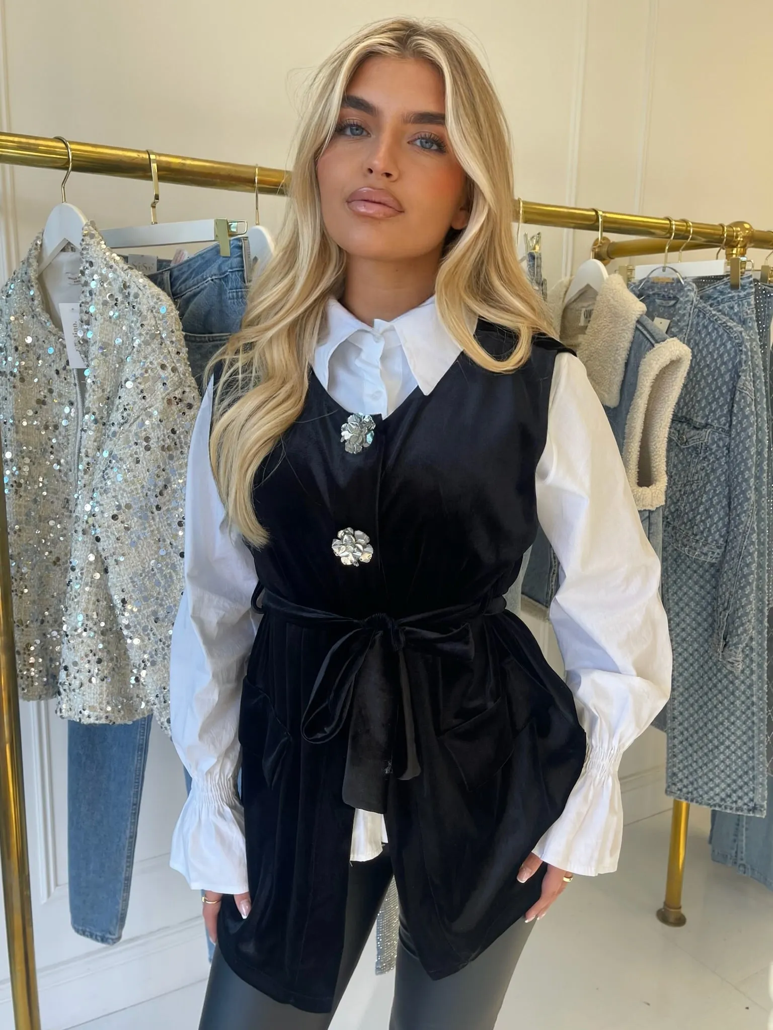 Edith black velvet shirt dress
