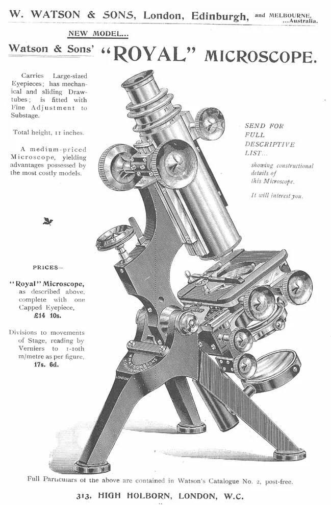 Edwardian Cased Royal Model Microscope by W Watson & Sons, High Holborn, London.
