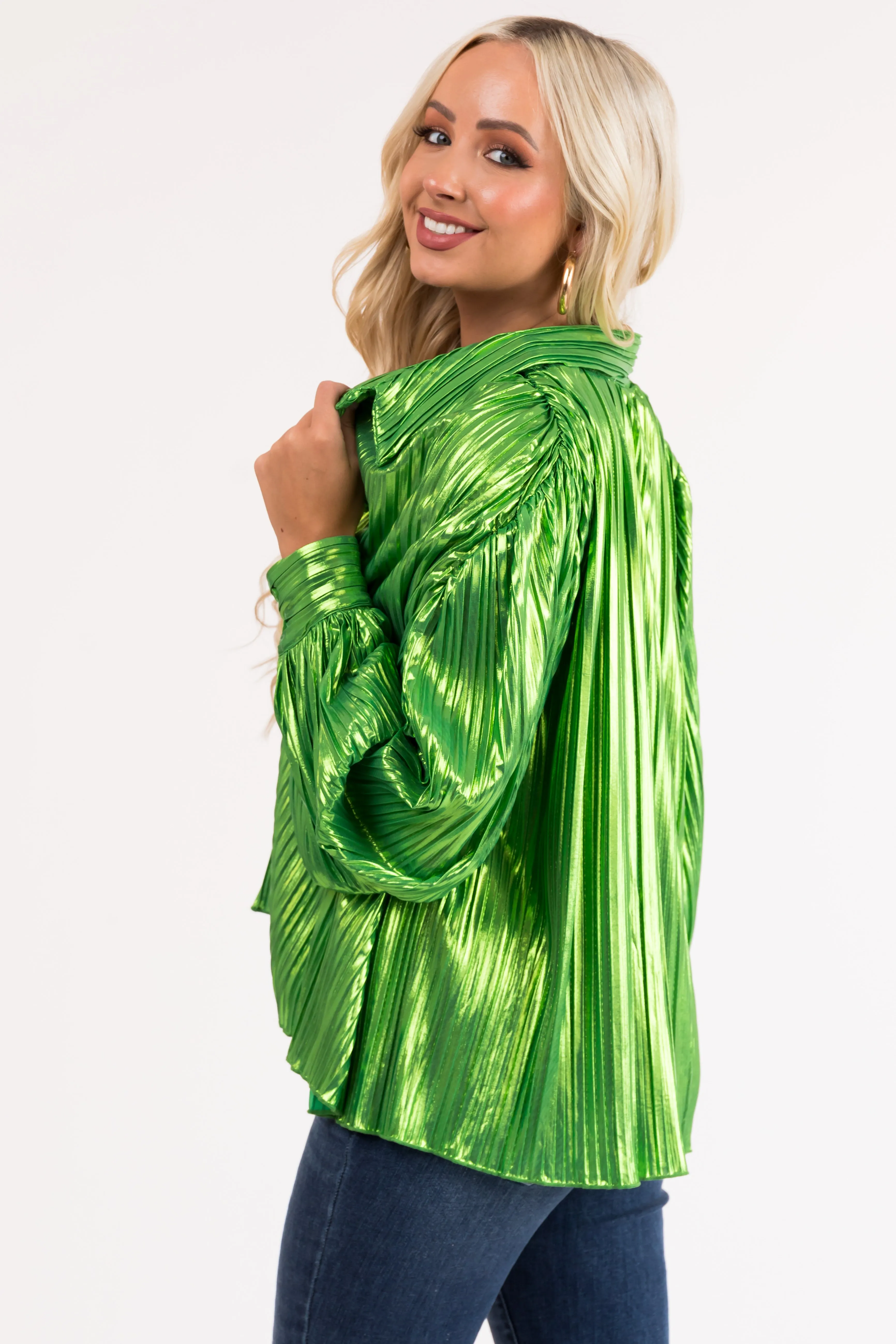 Flying Tomato Lime Metallic Pleated Button Down Top