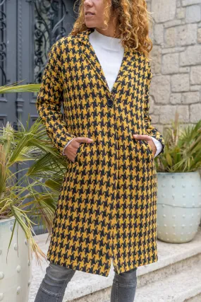 GNS Woman Yellow Lined Houndstooth Patterned Pocketed Oversized Buttoned Coat Bst3299 - Dale City