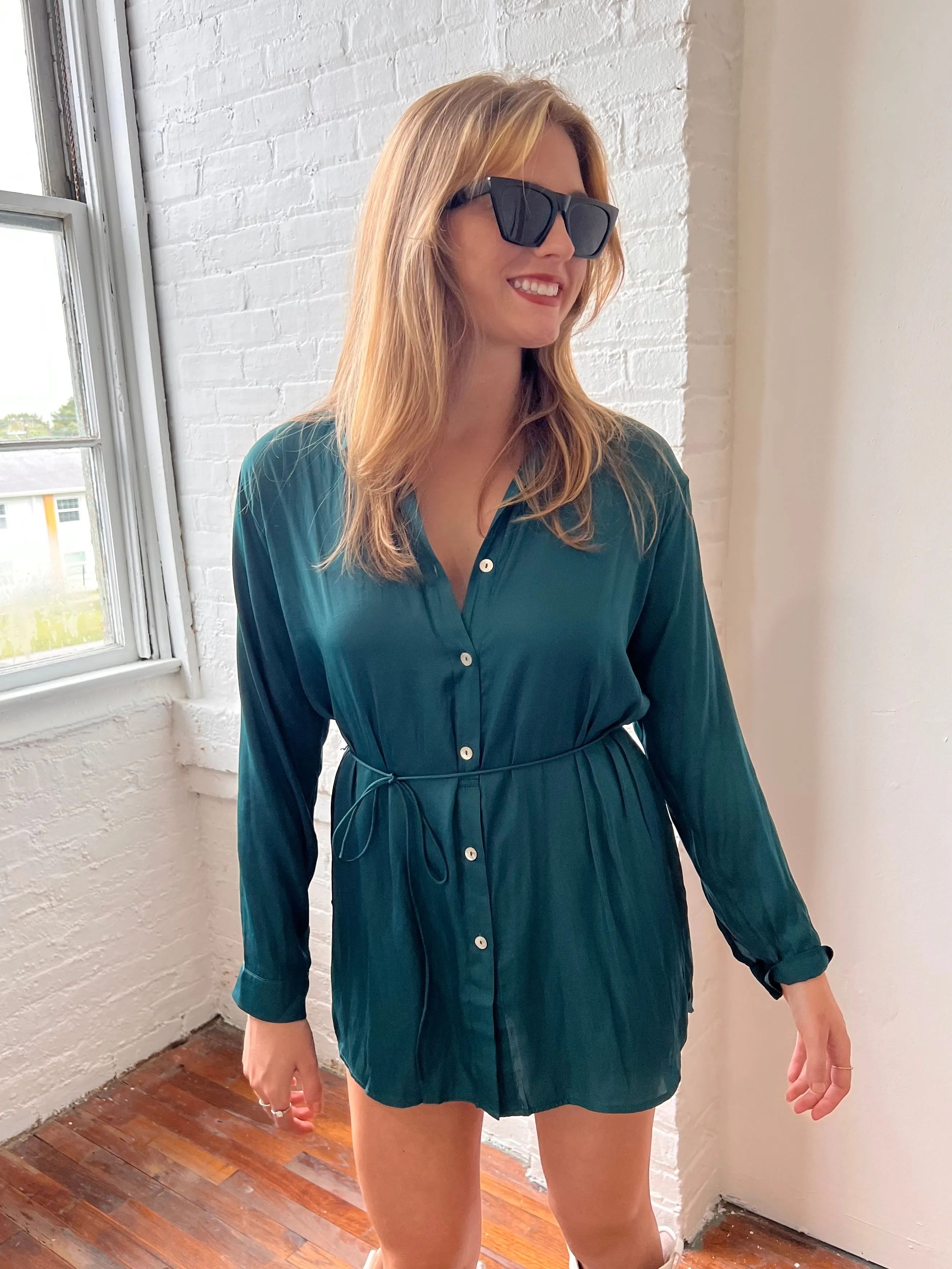 HUNTER SHIRT ROMPER IN PINE GREEN