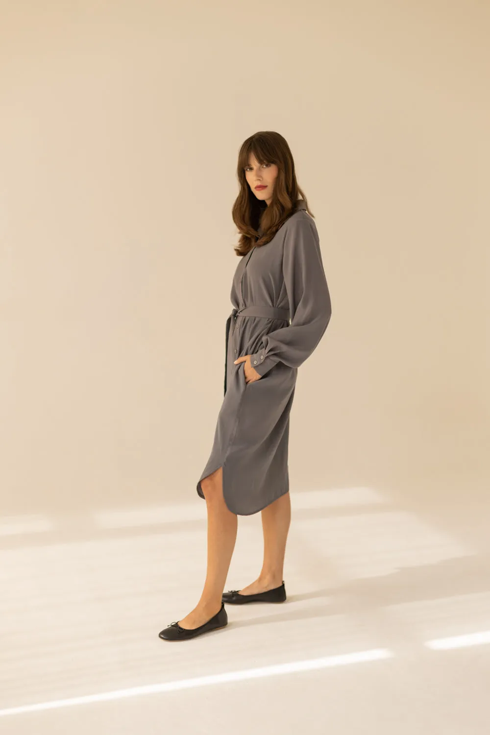 Midi Shirt Dress - Grey