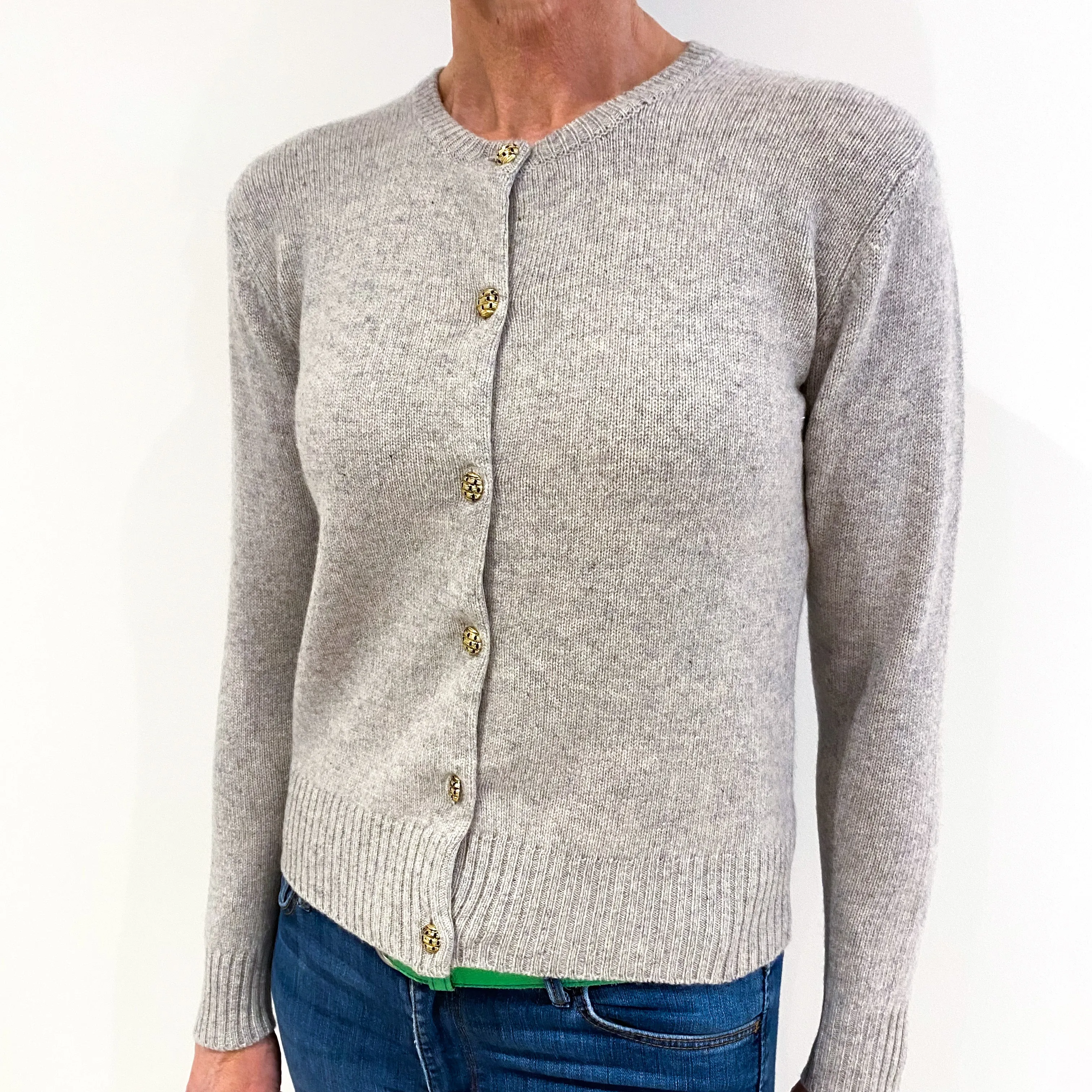 Mist Grey Heavy Knit Cashmere Crew Neck Cardigan Small