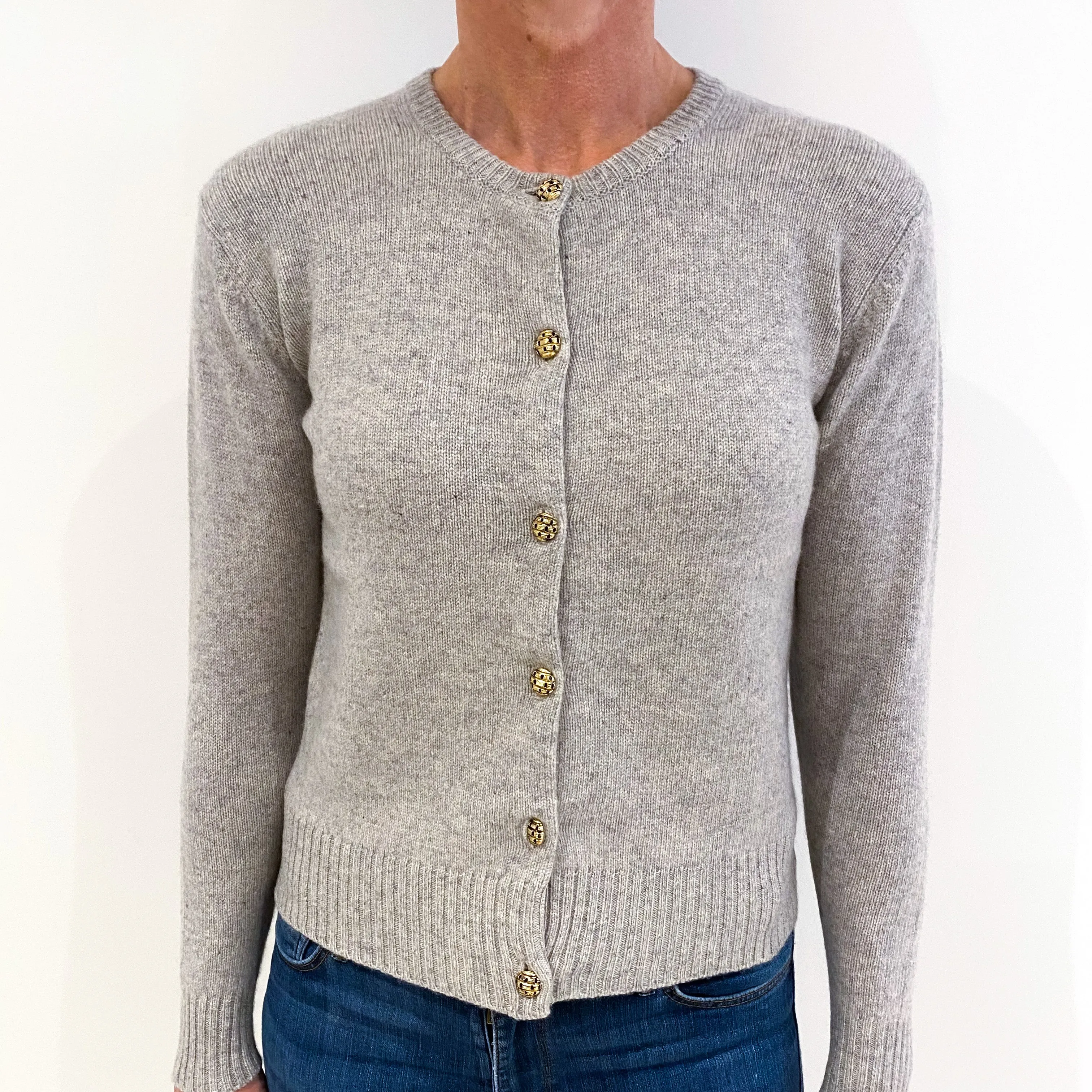Mist Grey Heavy Knit Cashmere Crew Neck Cardigan Small