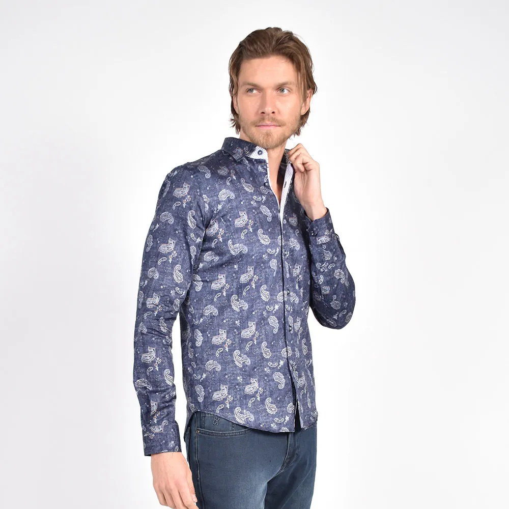 Navy Weave and Paisley Button Down Shirt