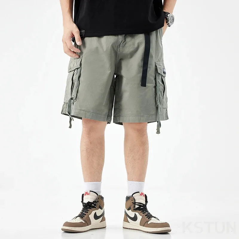 New Men's Casual Cargo Shorts Man Overalls Beach Sports Outdoor High Street Fashion Male Short Pants Loose Fit Elastic Waist