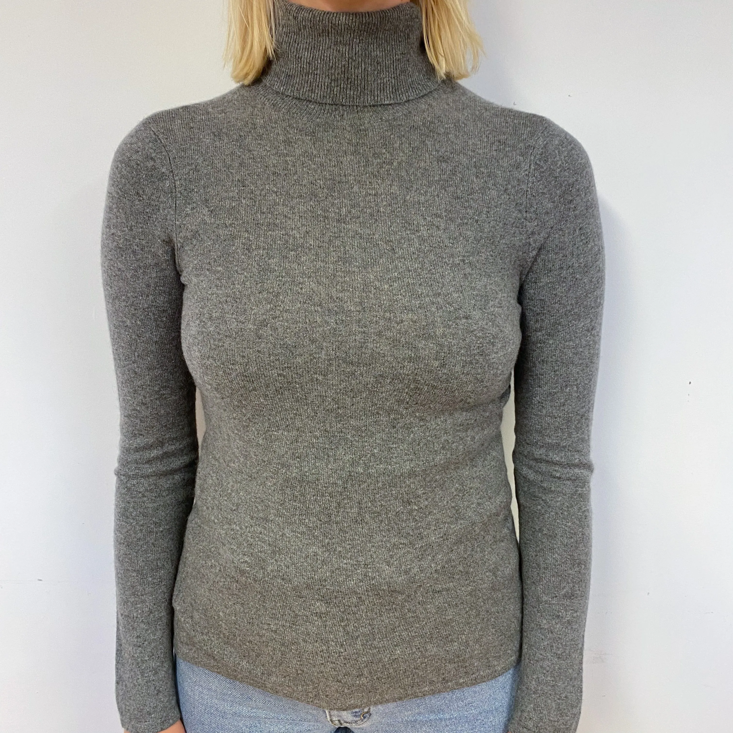 Steel Grey Cashmere Polo Neck Jumper Small