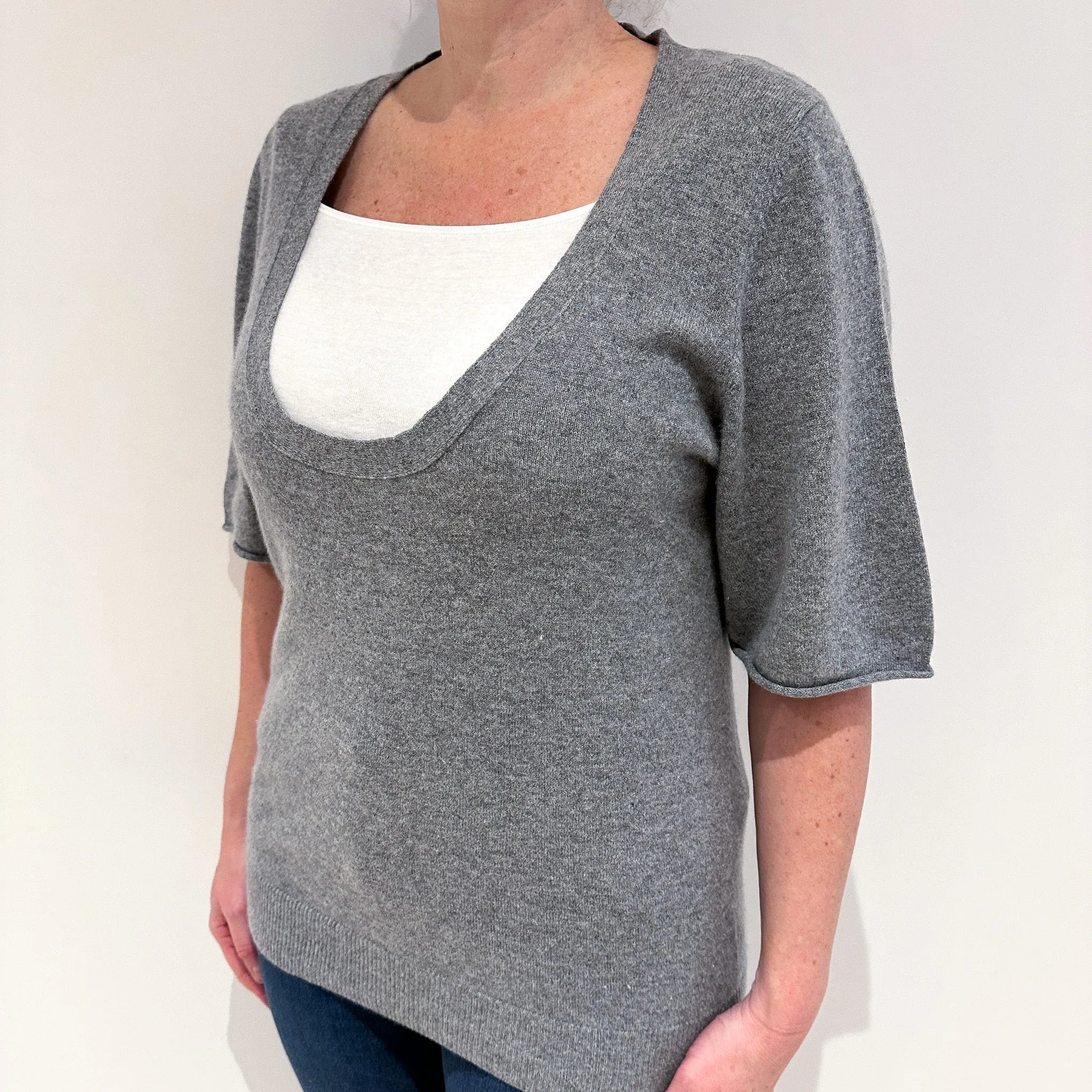 Steel Grey Short Sleeve Cashmere Scoop Neck Jumper Large