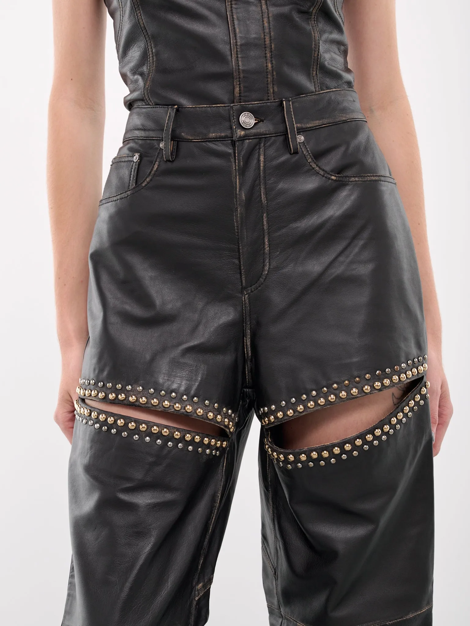 Studded Leather Slit Trousers (PA0039LE01-BLACK)