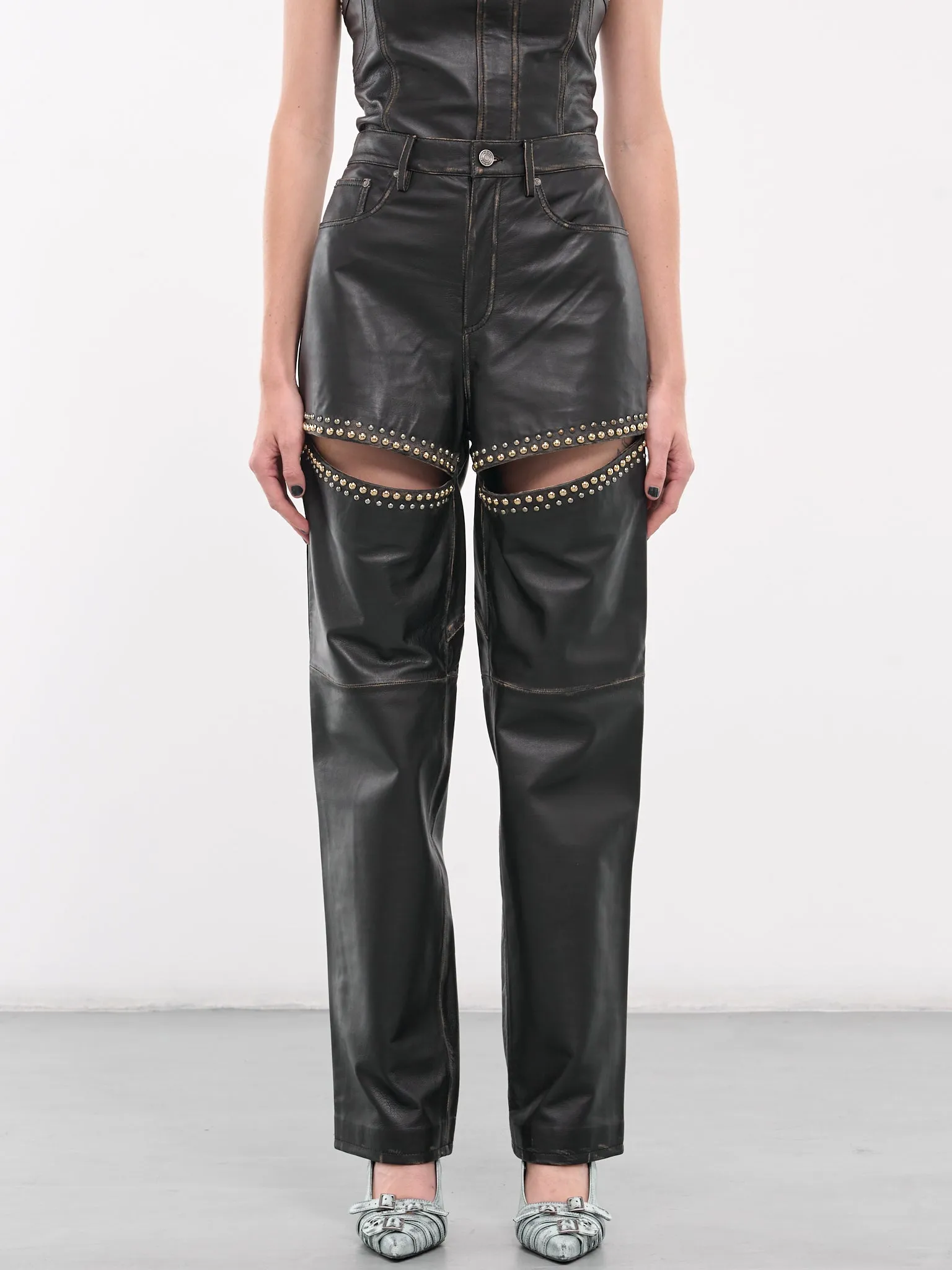 Studded Leather Slit Trousers (PA0039LE01-BLACK)