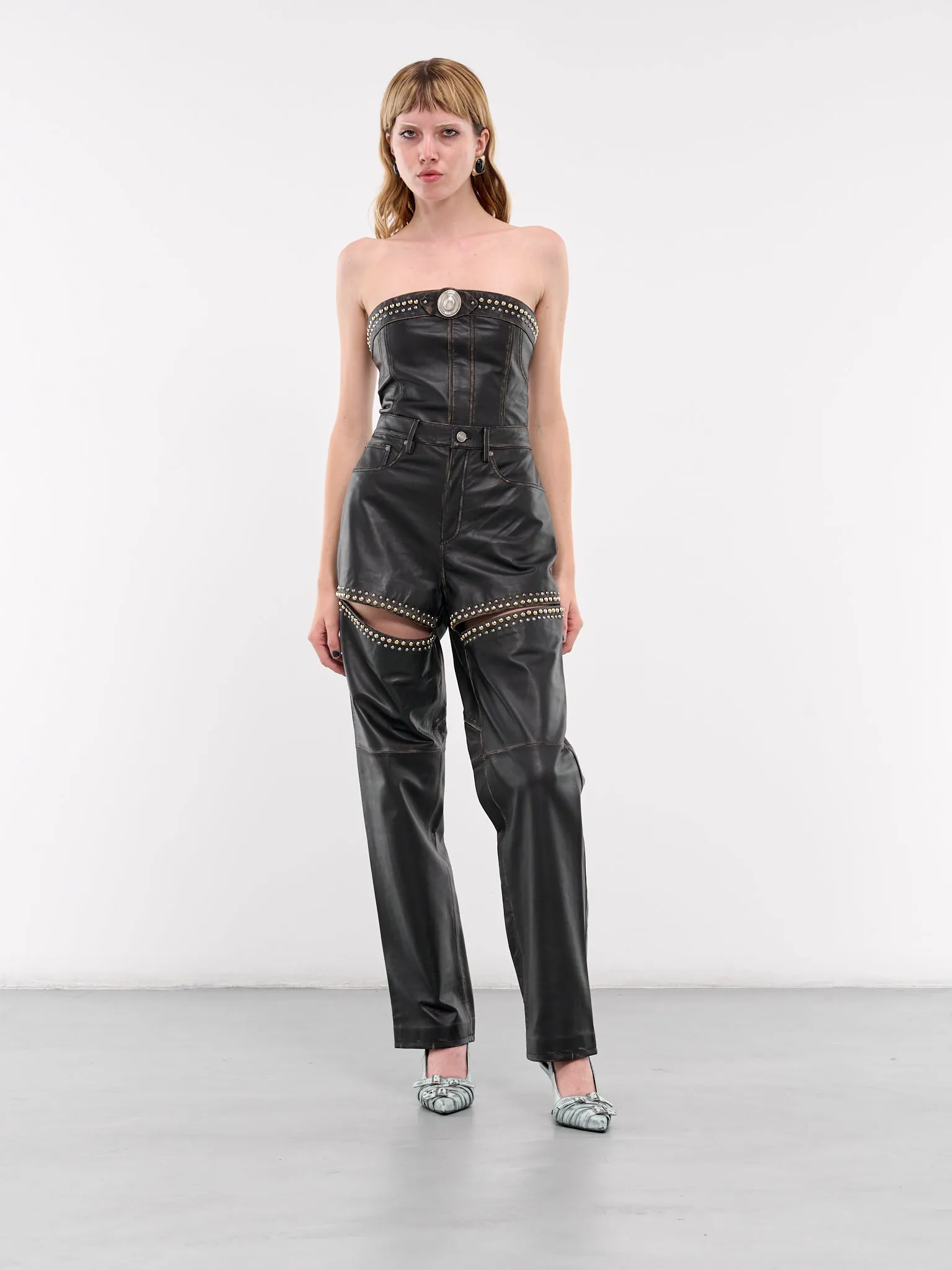 Studded Leather Slit Trousers (PA0039LE01-BLACK)