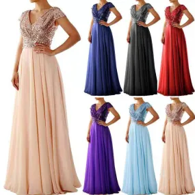 V neck sleevesless sequins patchwork flare maxi dress | Summer evening gowns formal party bridesmaid dress