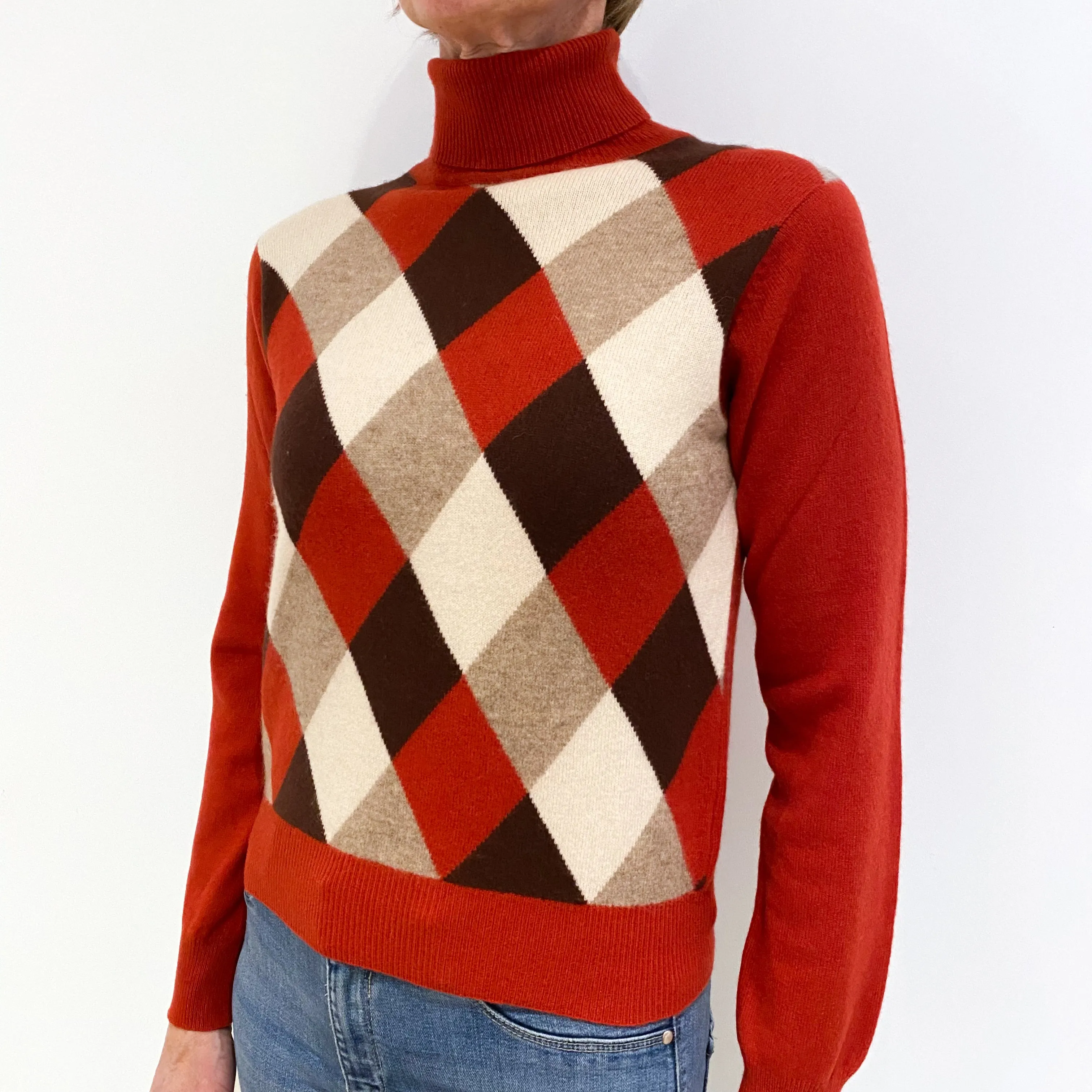 Vermillion Orange Diamond Cashmere Polo Neck Jumper Small
