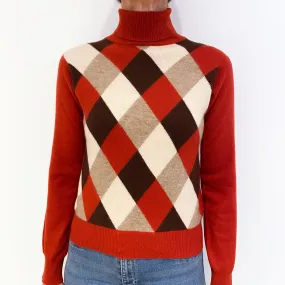 Vermillion Orange Diamond Cashmere Polo Neck Jumper Small