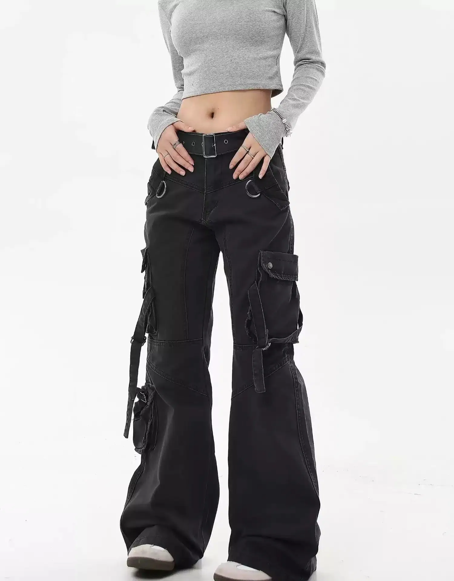 Washed Buckled Strap Cargo Pants