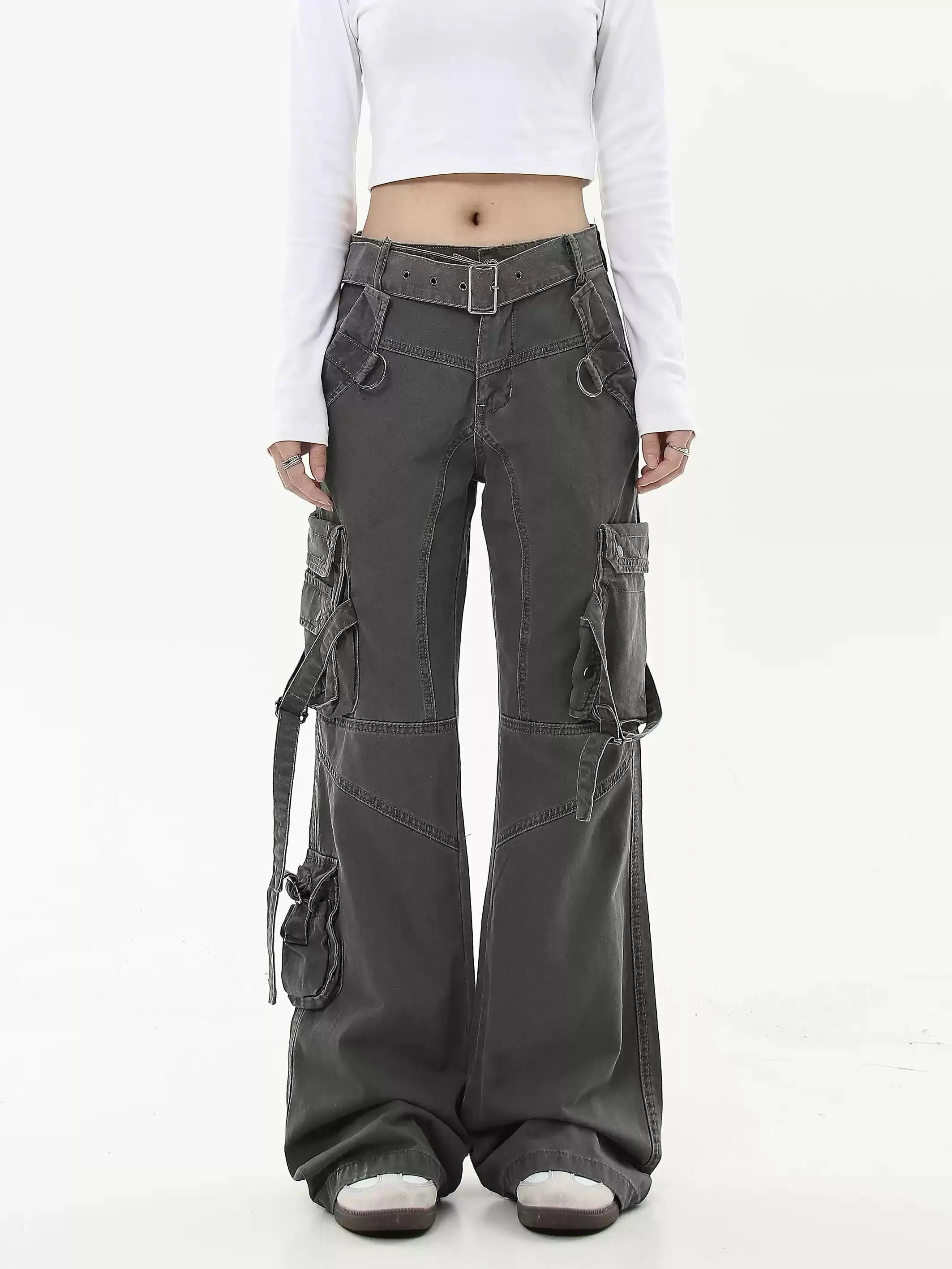 Washed Buckled Strap Cargo Pants