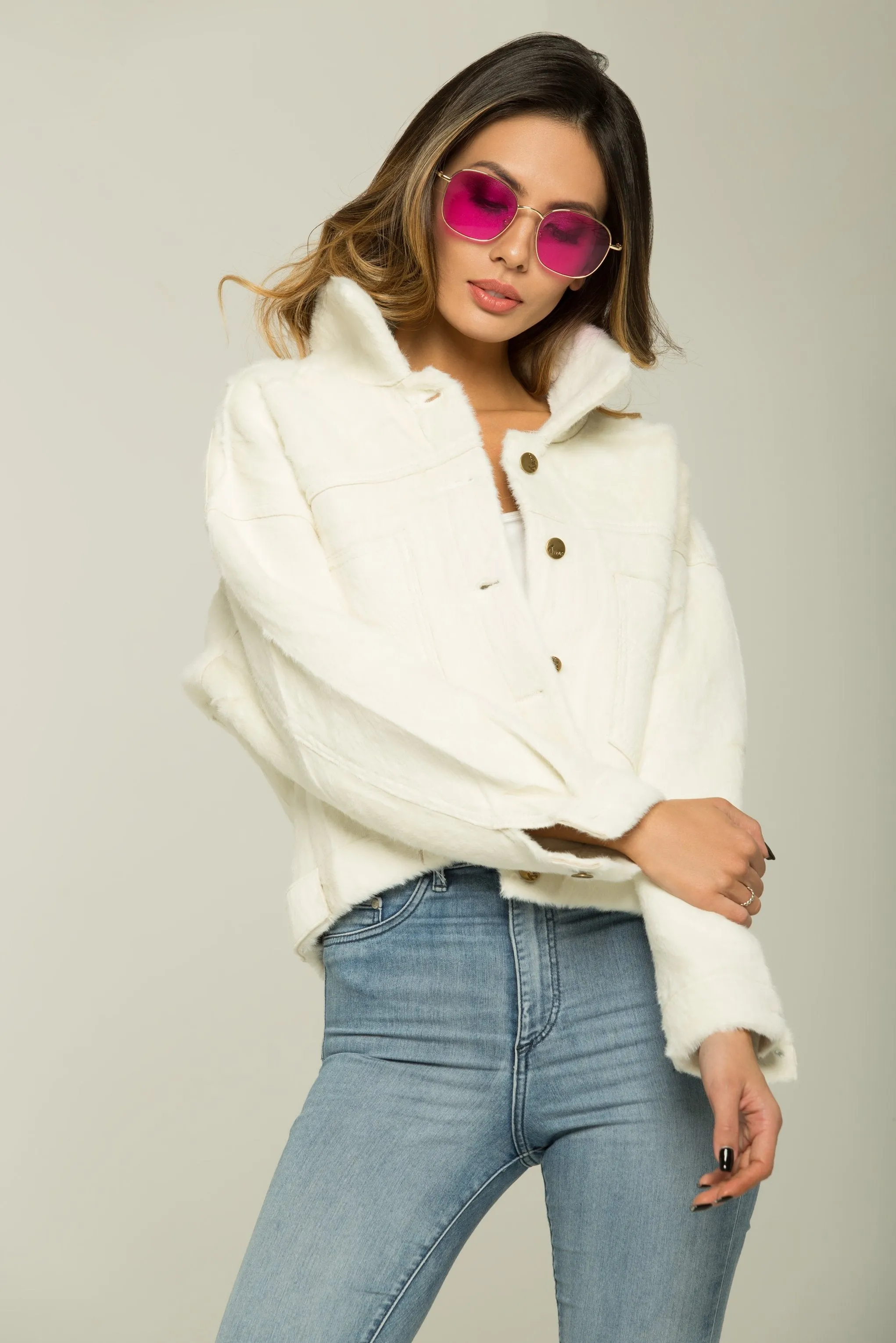 White Faux Fur Button-up Coat