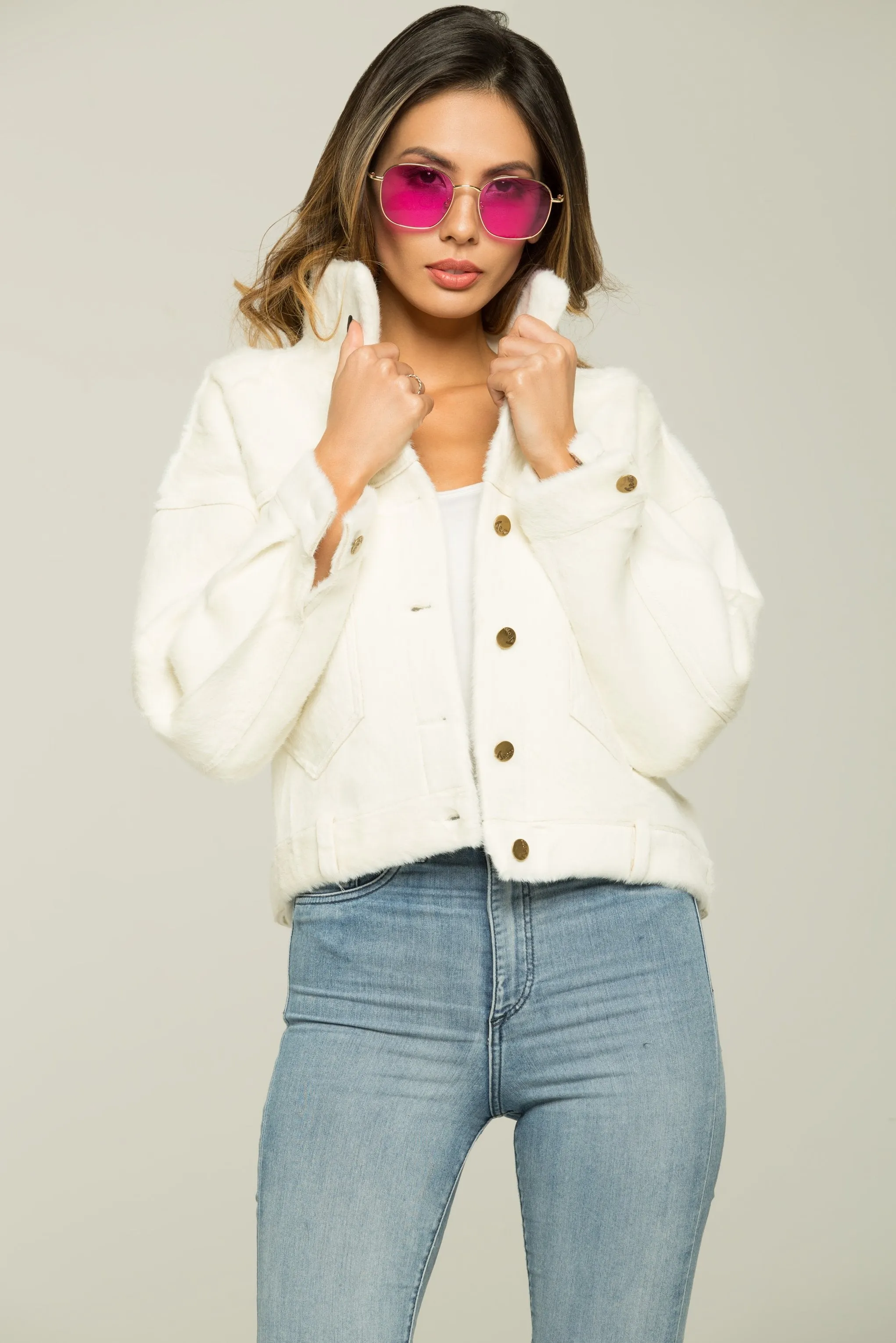 White Faux Fur Button-up Coat